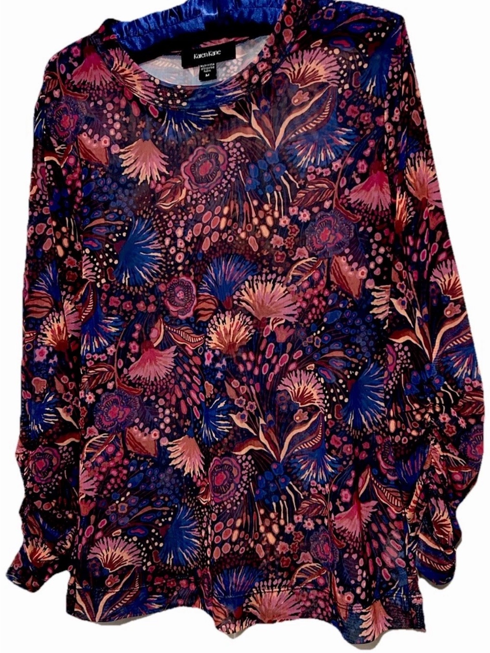 Karen Kane Top M Sheer Floral Stretch Knit Tattoo Shirt Blouse Ruched Sleeve Y2K